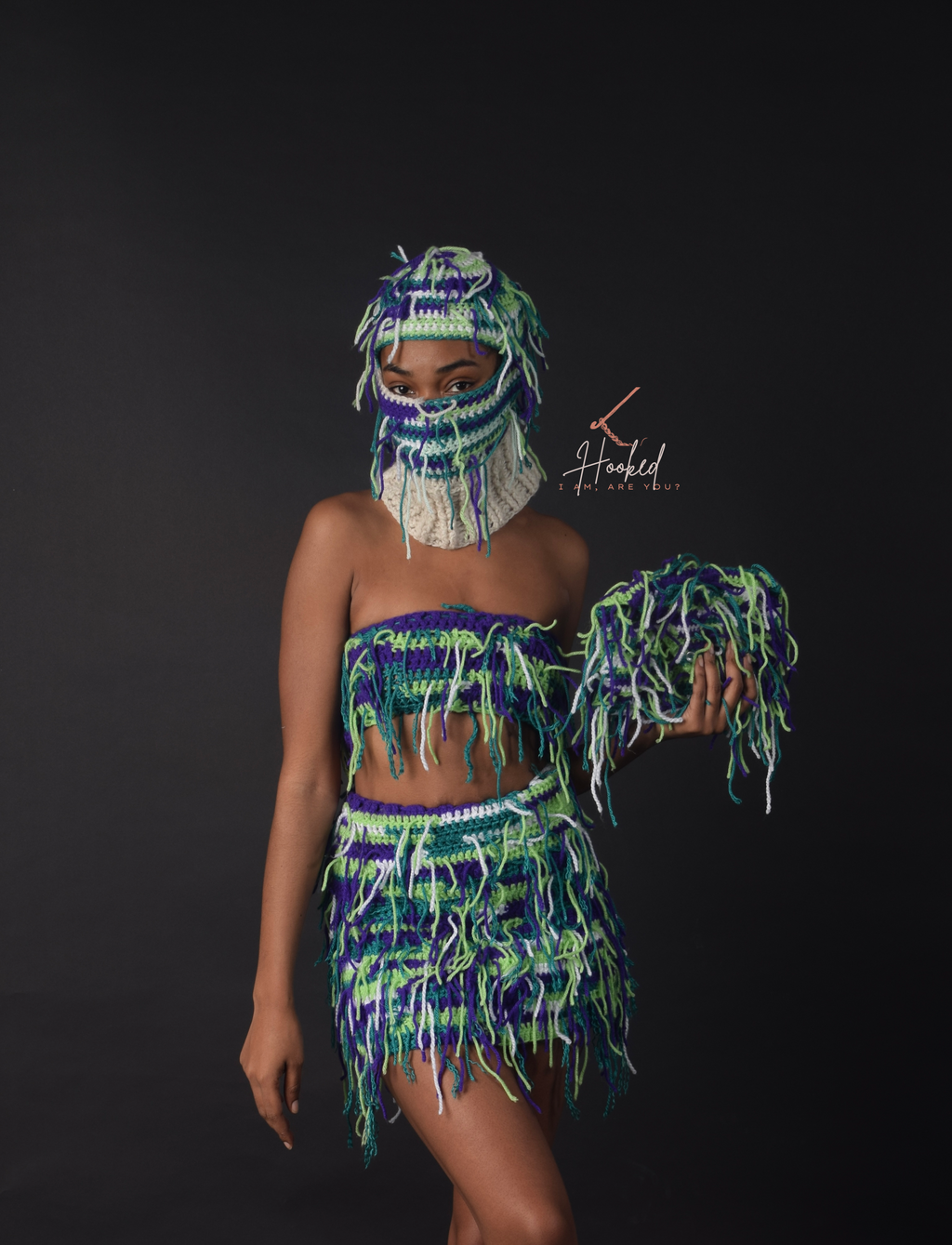 Women's Crochet Tassel 4 Piece Set - Bandeau Top, Skirt, Ski Mask & Clutch Purse