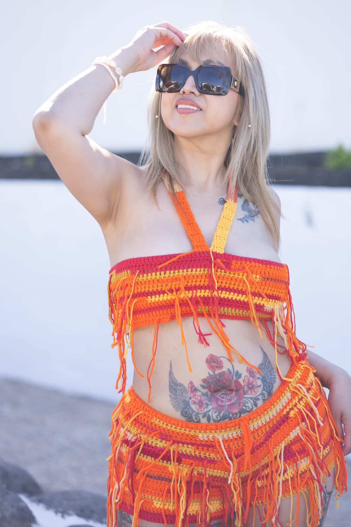Women's Crochet Tassel 2 Piece Set - Tie Neck Bralette & Shorts