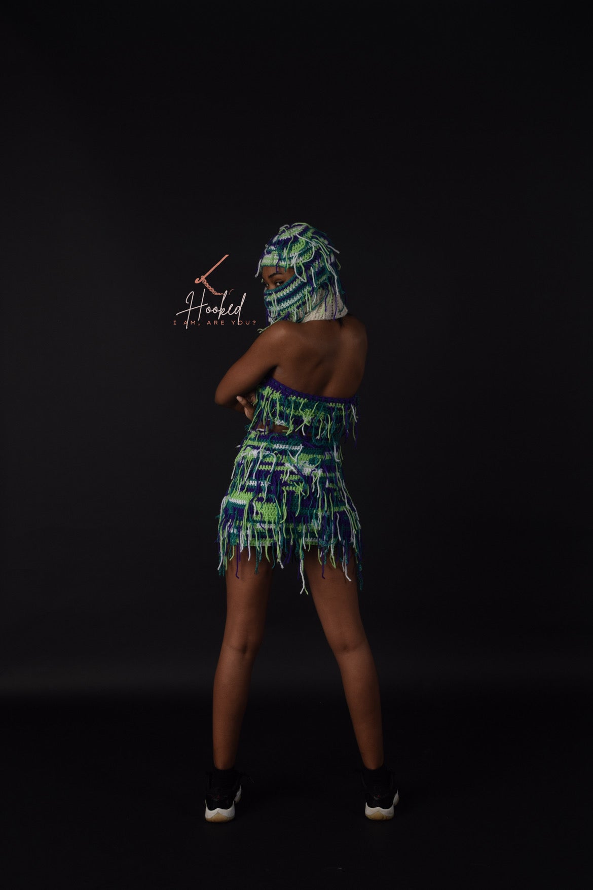 Women's Crochet Tassel 4 Piece Set - Bandeau Top, Skirt, Ski Mask & Clutch Purse
