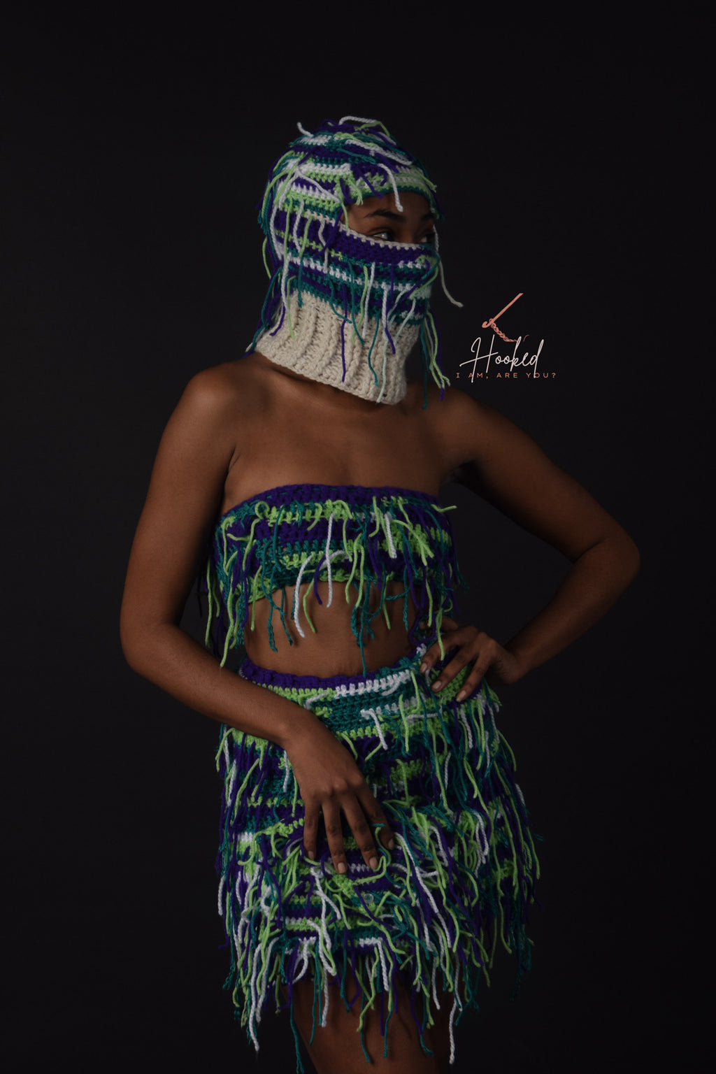 Women's Crochet Tassel 4 Piece Set - Bandeau Top, Skirt, Ski Mask & Clutch Purse