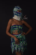 Women's Crochet Tassel 4 Piece Set - Bandeau Top, Skirt, Ski Mask & Clutch Purse