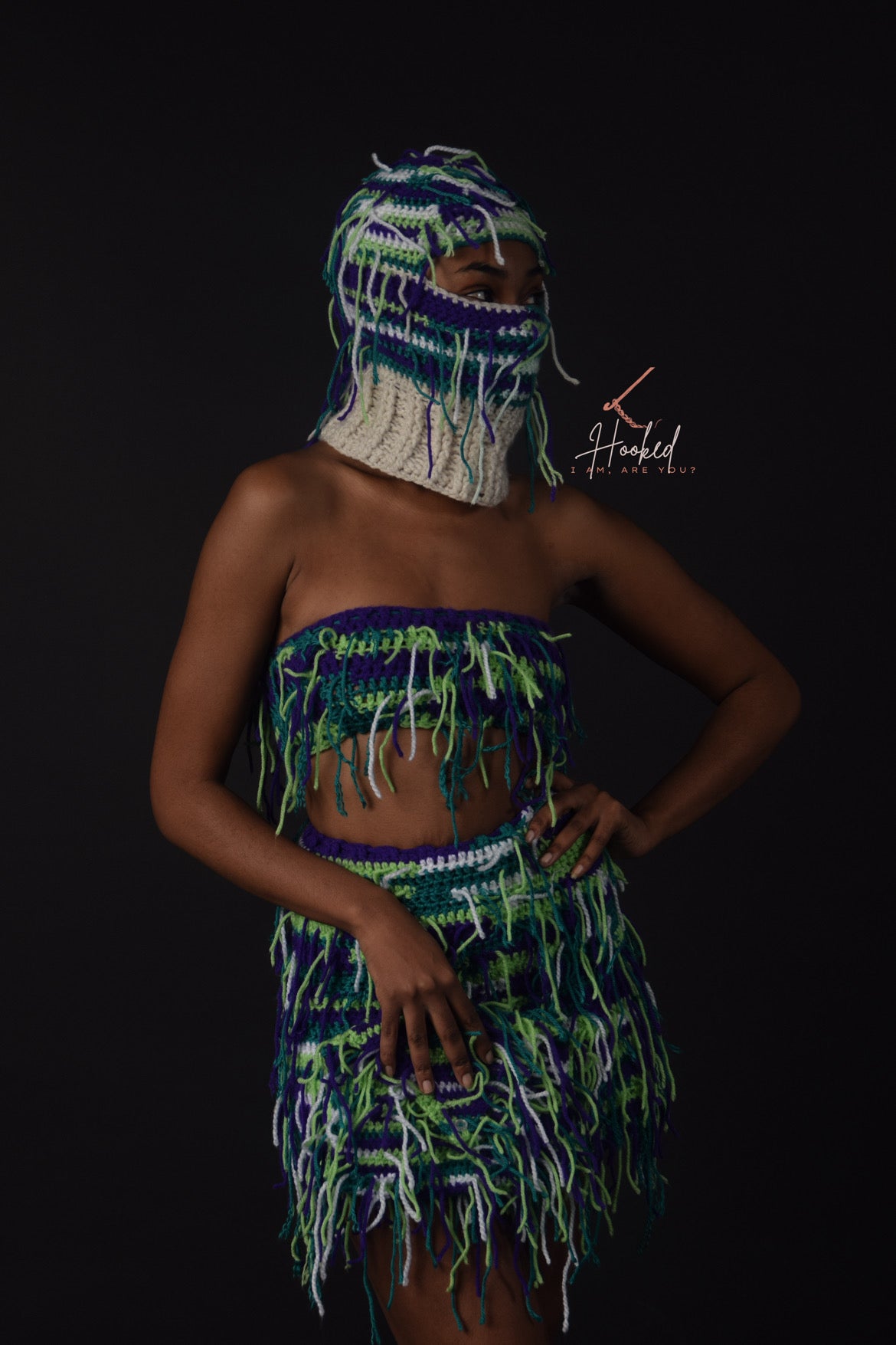Women's Crochet Tassel 4 Piece Set - Bandeau Top, Skirt, Ski Mask & Clutch Purse